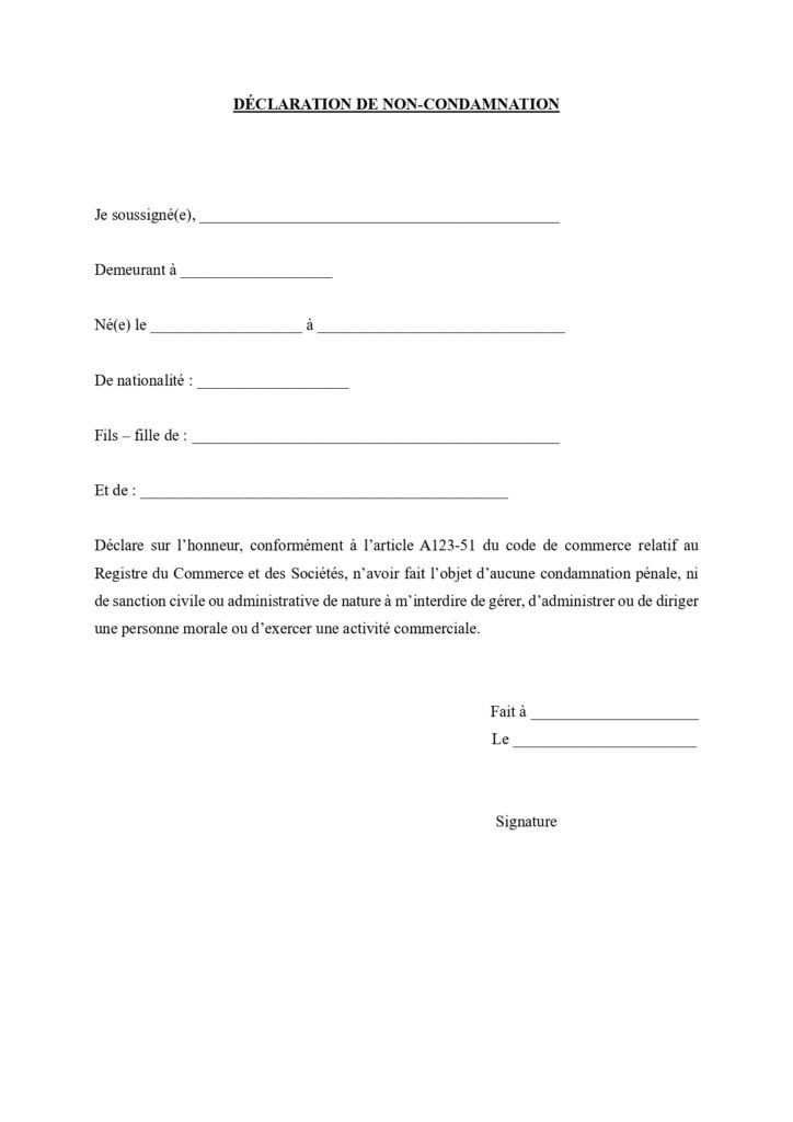 modéle de déclaration de non-condamnation